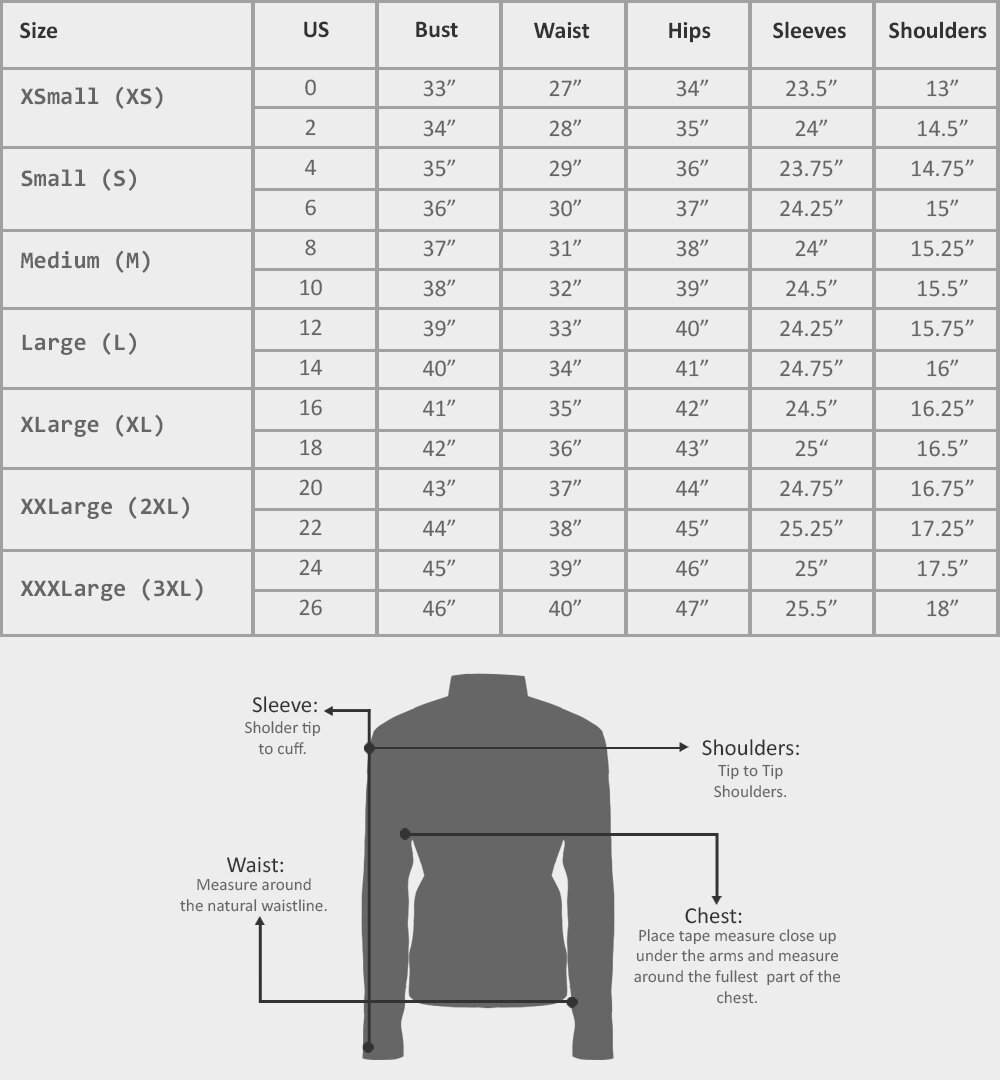 Women Size Chart - Measurements in inches