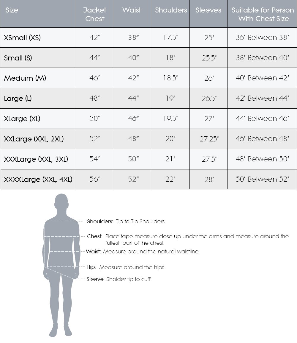 Men Size Chart Measurements in inches